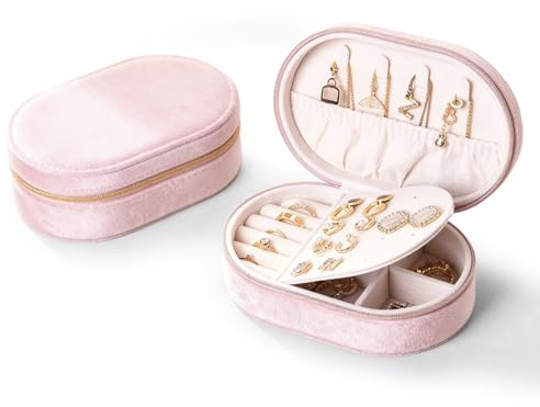 AiiBowy Liten resesmyckeskrin för kvinnor, smyckesförvaring, smyckeskrin liten sammet, smyckeslåda, smyckesorganisatör, för örhängen, halsband, ringar, present bröllop – rosa