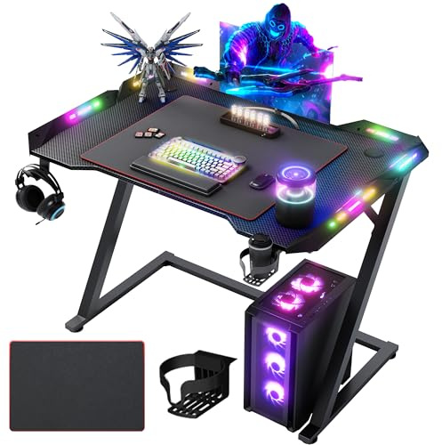 Claiks Gaming Tisch mit LED, 100x60 cm Gaming Schreibtisch Z-Frame, Ergonomischer Gamer PC Tisch mit Getränkehalter, Kopfhörerhaken, Stabiler Computertisch, Schwarz