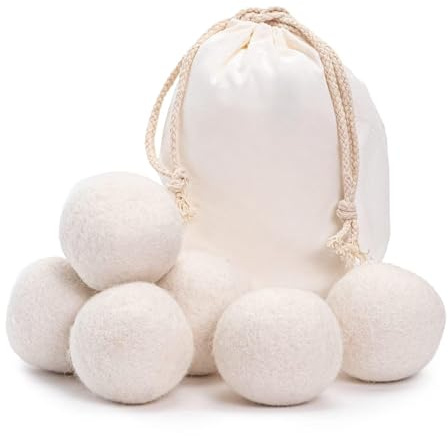 Wool Dryer Balls, Set of 6, Natural Laundry Softener with Cotton Storage Bag, White