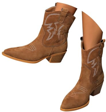 Minetom Femme Western Bottines De Cowboy Brodée Chaussures De Cowgirl Bottes Courtes En Daim À Talons Carrés