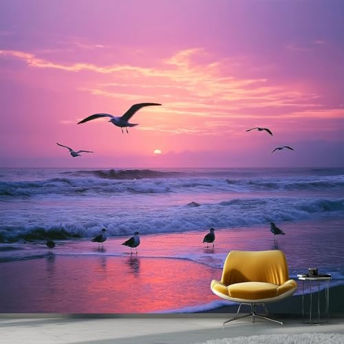 Photo Wallpaper 138 x 101/350 x 256 cm(WxH) Non-Woven Premium Art Print, Sunset Beach Pattern Design Pink Purple Wall Mural, Home Decor Theme Wallpaper for Bedroom Living Room