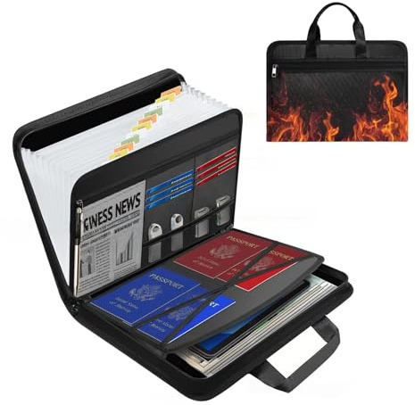 Feuerfeste Dokumententasche A4, Feuerfeste Tasche Silikonglas Glasfaser Wasserfest Feuerfest Dokumentenmappe mit 13 Fächern und Griffen für Passport Wertsachen