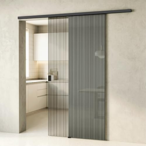 doporro Glasschiebetür Komplettset Softclose 90 x 205 cm Schiebetür | mit Sicherheitsfolie 8mm ESG-Sicherheitsglas Zimmertür Glas Schwarz gebürstet mit Quadratgriff Muranino-001
