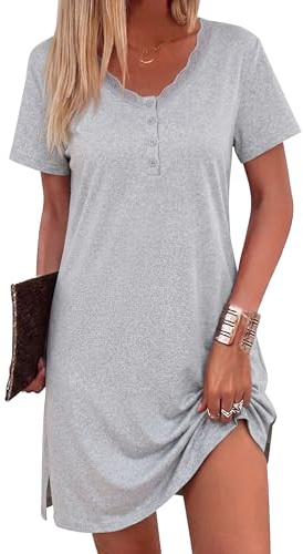 Bresdk Chemise de Nuit Femme Été Coton Manches Courtes Vêtements de Nuit à Boutons Allaitement Maternité Robe de Nuit Doux et Léger Gris L