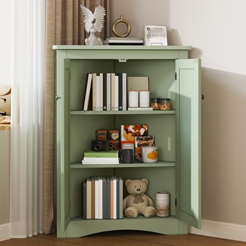 LLGWGL Eckschrank Badezimmerschrank Badschrank Badmöbel - Freistehender Eck-Schrank aus MDF mit 2 Türen 3 Ebenen Kippsicher für Badezimmer, Küche & Wohnzimmer, 61,5 x 90 cm (Grün)