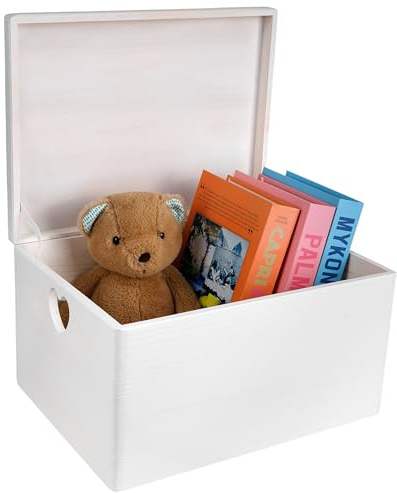 Creative Deco Weiße Holzkiste mit Deckel | 40x30x24 cm Erinnerungsbox Baby | (+/-1cm) Groß Holzbox Kasten | Herzförmige Griffe | Für Dokumente Ostern Spielzeuge Werkzeuge