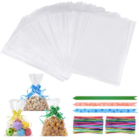 Adiwo 100 Stück Cellophantüten, 14x20cm Durchsichtige Zellophantüten, Süßigkeiten Geschenkbeutel mit Bunte Bindeband und Zugblume, Süßigkeiten Tüten Geeignet Klarsichttüten für Mitgebsel Geschenke