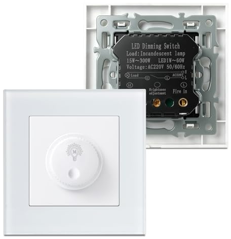Dimmer für LED Lampen 230v, Dimmschalter für Led Lampen, Dimmer Schalter | LED Drehdimmer, LED Dimmer Schalter 230V, Lichtschalter Dimmbar Schwarz für Dimmbare LEDs 1–60W / Halogen 15–300W