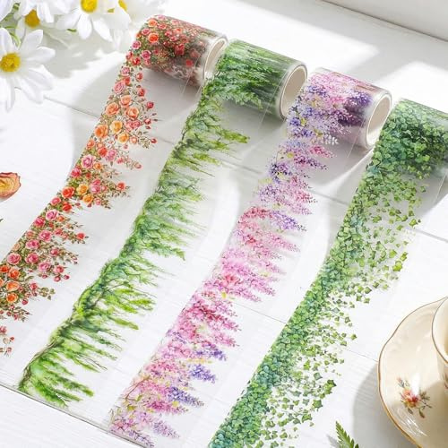 4 rullar Washi Tape Set blomblad, blomtejp klippbok klistermärken för journalingtillbehör, söta färgglada PET washitejp blommor klistermärken tejp för scrapbooking, fotoalbum, hantverk, journal