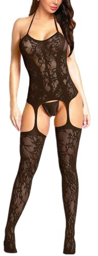 WBDWWTD Sexiga underkläder för kvinnor Stygg Bodystocking Fisknät Bodysuit Spetsgrimma Babydoll Chemise Nattkläder Ihåliga Stretchiga strumpbyxor Miniklänning med hängslen Rörjärn Röd Svart