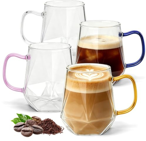 Yogidosm 4 Pcs Glass Coffee Mugs 350ml with Handle