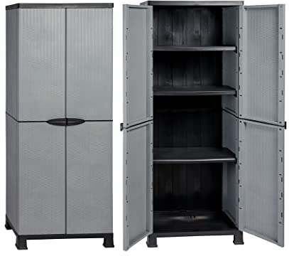 Kreher 2 x Kunststoffschrank im Rattan Design in Grau Mit Abschließbaren Türen, Vier Füßen und 3 Höhenverstellbaren Böden - Maße Pro Schrank BxTxH Ca. 68 x 40 x 171 cm
