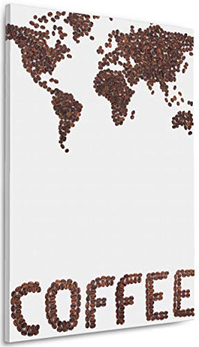 Wallario Leinwandbild Weltkarte mit Schriftzug aus Kaffeebohnen - Wandbild 60 x 90 cm: Kunstdruck | Brillante lichtechte Farben | hochauflösend | verzugsfrei