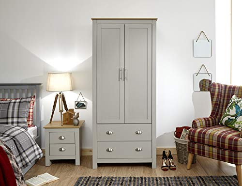 Home Source Wardrobe Grey Oak 2 Door 2 Drawer Two Tone Wooden Hanging Rail Bedroom Lancaster