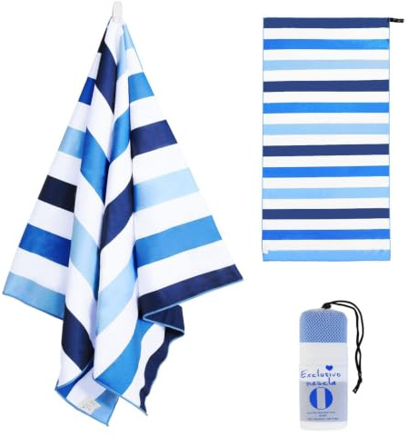 Exclusivo Mezcla Oversized Microfiber Beach Pool Towel for Adults, 180x90cm | Extra Large Lightweight Striped Beach Towel with Bag, Sand Free Absorbent Quick Dry Towel for Travel, Swim, Blue