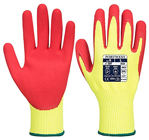 Portwest A626 Vis-Tex Cut D13 Nitrile Glove A4 Double Dipped Coating | Red/Yellow, CE Certified, EN 407 (X1XXXX), Dual Density, Dexterity 5, High Visibility Liner