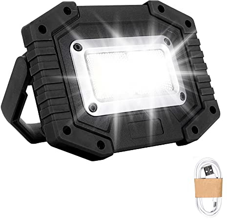 Trongle LED Rechargeable Work Light, 3 Modes Outdoor Security Light with COB Floodlight 30W Waterproof Battery Lights with USB Port for Garage, Camping, Fishing, Black (Batteries Included)
