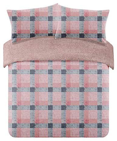 Dreamscene Single Duvet Cover Set Reversible, Winter Bedding Super Soft Cosy Tartan Check Teddy Fleece Duvet Set Fluffy Thermal Teddy Bear Bedding with Pillowcase, Blush Pink Grey