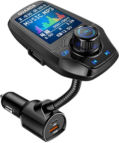 Upgraded Bluetooth 5.3 FM Transmitter for Car, Wireless Radio Adapter Kit W 1.8 Color Display Hands-Free Call AUX in/Out SD/TF Card USB Charger PD 20W for All Smartphones Audio Players - Black