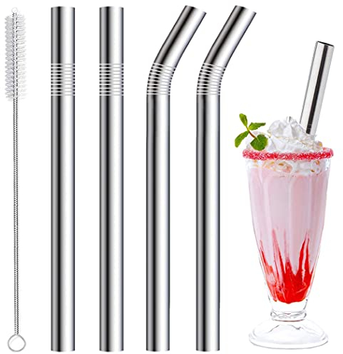 Vinaco Milkshake Straws - 10mm Wide, 4 Pack Stainless Steel Straws - 266mm & 216mm Long with 1 Straw Cleaner, Reusable Metal Straw for Milkshake, Smoothie and Jumbo Thick Drinks