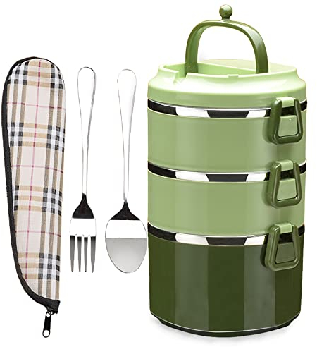 SANQIAHOME 3 Schichten Mehrschichtige stapelbare Edelstahl-Lunchbox,Auslaufsicher,grün