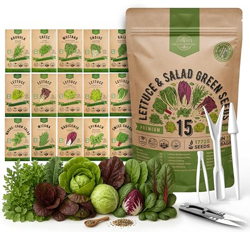 Organo Republic 15 Lettuce & Salad Greens Seeds Variety Pack 17700+ Non-GMO Heirloom Lettuce Seeds for Indoors & Outdoors Garden, Hydroponics, Aerogarden - Arugula, Kale, Spinach, Swiss Chard, Lettuce