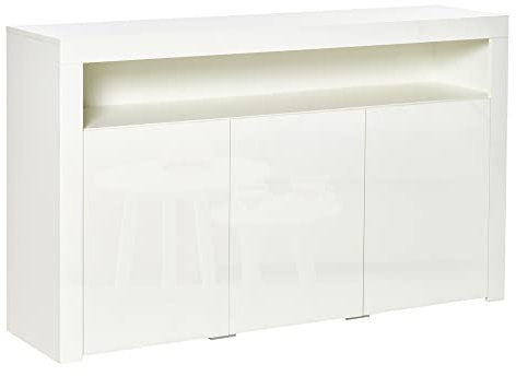 HOMCOM Sideboard Hochglanz Vorratsschrank Küchenschrank mit LED-Licht für Eingang Essbereich Wohnzimmer Material MDF und Spanplatte Weiß 155 x 40 x 92 cm