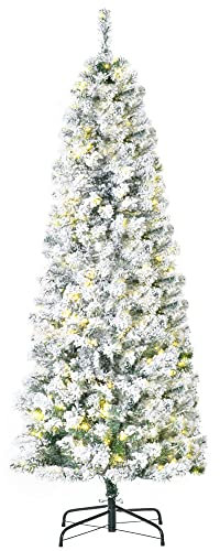 HOMCOM 6FT Prelit Artificial Snow Flocked Christmas Tree with Warm White LED Light, Holiday Home Xmas Decoration, Green White