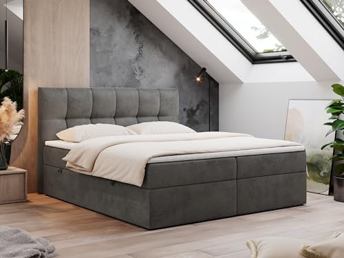MKS MEBLE Boxspringbett RICO 160x200 cm Dunkelgrau Velvet, Bett mit Doppelbettkasten & Kopfteil, 7-Zonen Multipocket Taschenfederkern Matratze H3, mit Topper T25