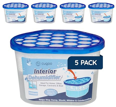 CUQOO Disposable Dehumidifier for Home 500ml, Pack of 5 Moisture Absorber Dehumidifiers for Damp, Mould, Kitchen, Wardrobe, Bedroom, Caravan, Office, Garage, Bathroom - Mini Condensation Absorbers