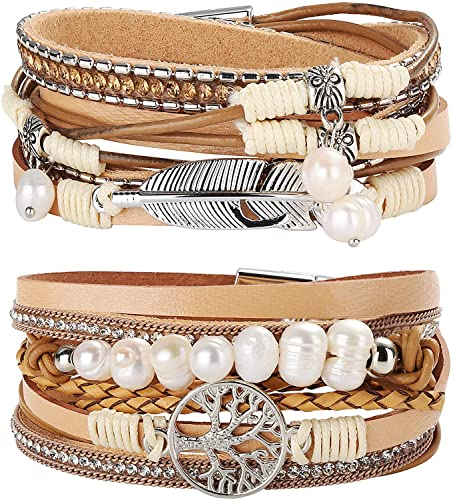 Adramata 2Pcs Boho Leder Wrap Cuff Armband Damen Frauen Mädchen Multilayer Baum des Lebens Armband Magnetschnalle Armband Armreif Schmuck für Mutter Freunde