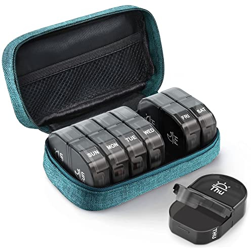 AUVON Canvas Bag Travel Pill Organizer 2 Times a Day, Large AM/PM Weekly Pill Box 7 Day Pill Case with Portable Cyan Zipper Cloth Bag for Holding Supplements, Vitamins and Fish Oils