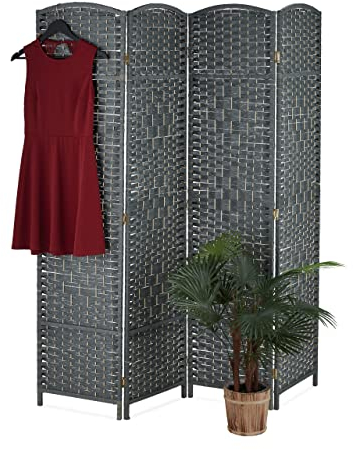 Relaxdays Paravent Raumteiler, HxB: 170x160 cm, Faltbarer Raumtrenner, 4-teiliger Sichtschutz, Holz & Papierseil, grau