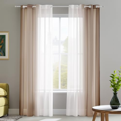 Deconovo Durchsichtige Vorhänge Voile Gardinen mit Ösen, 225x140 cm(HöhexBreite), Braun, 2er Set