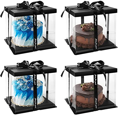 HOYA PONYOO 4 Pack Clear Cake Box Carrier 10 X 10 X 9 Cake Packaging Container with Ribbon Transparent Boxes with Lid Gift Package for Birthday Wedding Party, Black