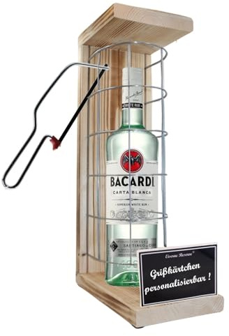 Personalisierte Geschenke für Männer Frauen Geschenkidee mit Namen - Eiserne Reserve Gitterkäfig Bacardi Rum (1 x 0.7 l) incl. Notsäge - Papa Mama Geburtstag Hochzeit