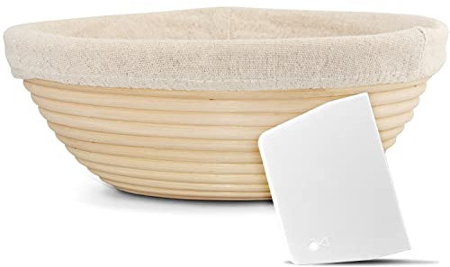 Anaeat 23 cm Brot Banneton Gärkorb – runder Sauerteigkorb aus 100% natürlichem Rattan mit Teigschaber und Leineneinlage für professionelle Bäcker und Heimbäcker