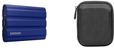 Samsung Portable SSD T7 Shield (MU-PE1T0R/EU), 1 TB, USB 3.2 Gen.2, 1.050 MB/s Lesen, 1.000 MB/s Schreiben, Blau + Amazon Basics Festplattentasche, schwarz