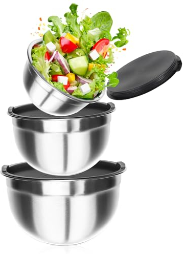 Robin Goods® 3x cuencos para mezclar de acero inoxidable con tapa - ensaladera en 3 tamaños - cuenco de metal multifuncional - cuenco para servir comida (3 piezas - grande)