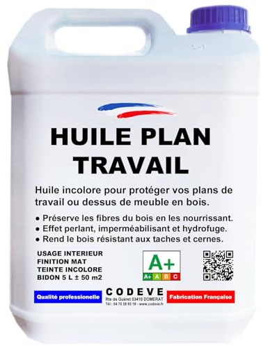 Huile Plan De Travail - Codeve Bois - 5L - Intérieur - Pour L'entretien D'un Plan De Travail En Bois Massif, Stratifié Ou Lamellé.