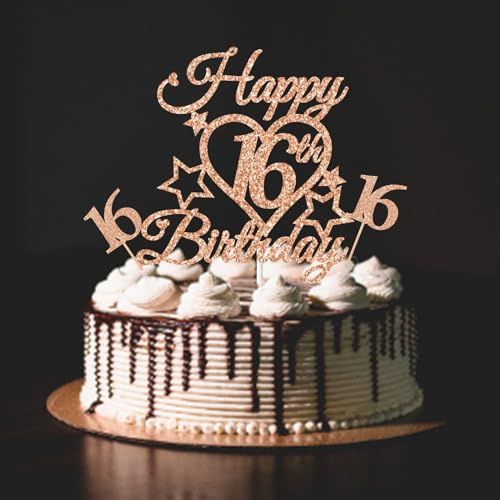 16th Birthday Cake Topper Girls Rose Gold Glittery Happy 16th Birthday Cake Cupcake Toppers For Girl 16 Sixteen Years Old Birthday Party Supplies Decorations