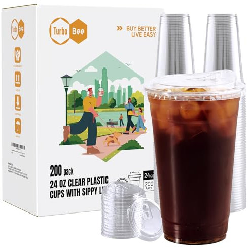 Turbo Bee 24 OZ 200 Sets Clear Plastic Cups with Strawless Sip Lids, To Go Crystal Clear Disposable Plastic Cups with Lids for Iced Coffee, Smoothies, Soda, Lemonade, Cold Beverage