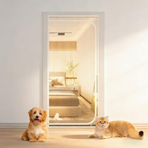 Cat Screen Door Fits Door Size 81cm x 204cm, Heavy Duty Pet Screen Door Prevent Dogs Cats from Running Around, Partition Mesh Cat Door Screen with Zipper for Livingroom, Bedroom, Kitchen(81 * 204CM)