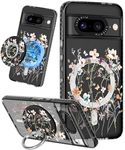 Lotadilo Cute for Google Pixel 8 Case - Compatible with Magsafe Magnetic Ring Holder Stand Kickstand for Women Girls Girly Funny Fashion Pretty TPU Phone Covers Dried Flower Design