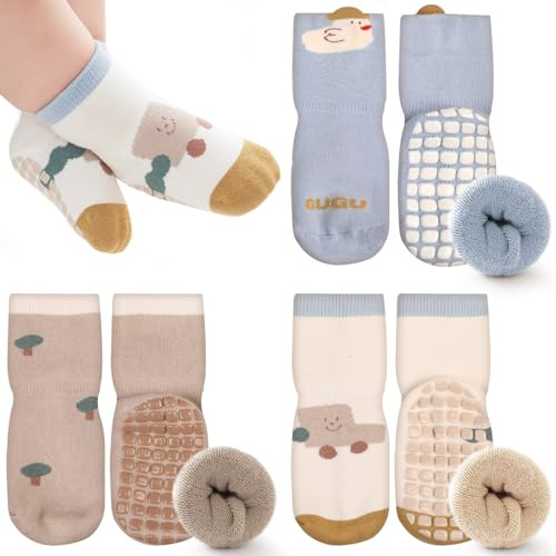 Simpeak 3 Pares Calcetines Antideslizantes Bebe, Calcetines Antideslizantes para Niñas, Niños, Calcetines Bebe 0 a 12 Meses, Calcetines de Algodón - Azul Claro