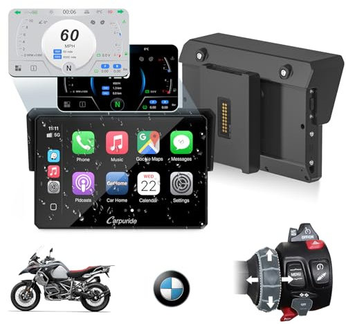 CARPURIDE W502BS Pro für BMW-Motorrad, CarPlay & Android Auto, Dual-Bluetooth, 5 Zoll Wasserdichter GPS-Navigations Bildschirm, Datenablesung, Native Wonder, TPMS, Lichtsensor, Musikfreigabe