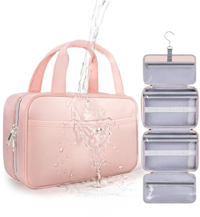 Chakipee Travel Hanging Toiletry Bag for Women - Foldable Toiletries Waterproof Organizer with Clear Window, Lightweight Wash Bags for Essentials, Makeup, Shampoo，Pink, Medium