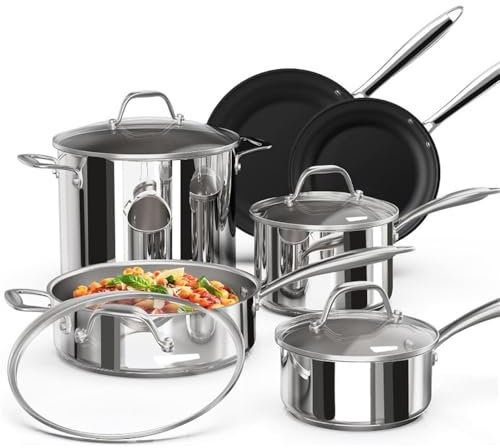 HJZSZX Komplettes Topf- und Pfannenset aus dreilagigem Edelstahl, 10-teilig, Kupfer-Töpfe und Pfannenset mit Edelstahldeckel, Induktion, Silber SS 10 PC, 10 pc