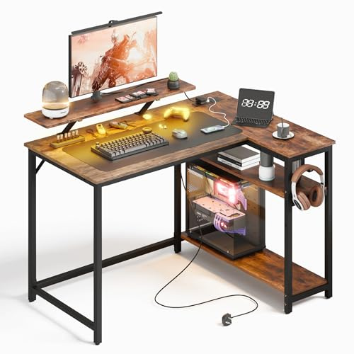 Mondeer L-förmiger Schreibtisch mit LED, 120 x 90 cm Reversibel Gaming Tisch mit 2 Steckdosen und 2 USB Ladeanschluss, Eckschreibtisch mit Regal & Haken, für Home Office Schlafzimmer, Vintage Braun