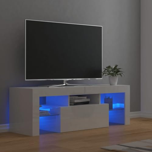 Myheimly TV Schrank mit LED-Leuchten Lowboard Fernsehschrank Fernsehtisch Sideboard HiFi-Schrank TV Möbel Tisch Board 120x35x40cm Hochglanz-Weiß